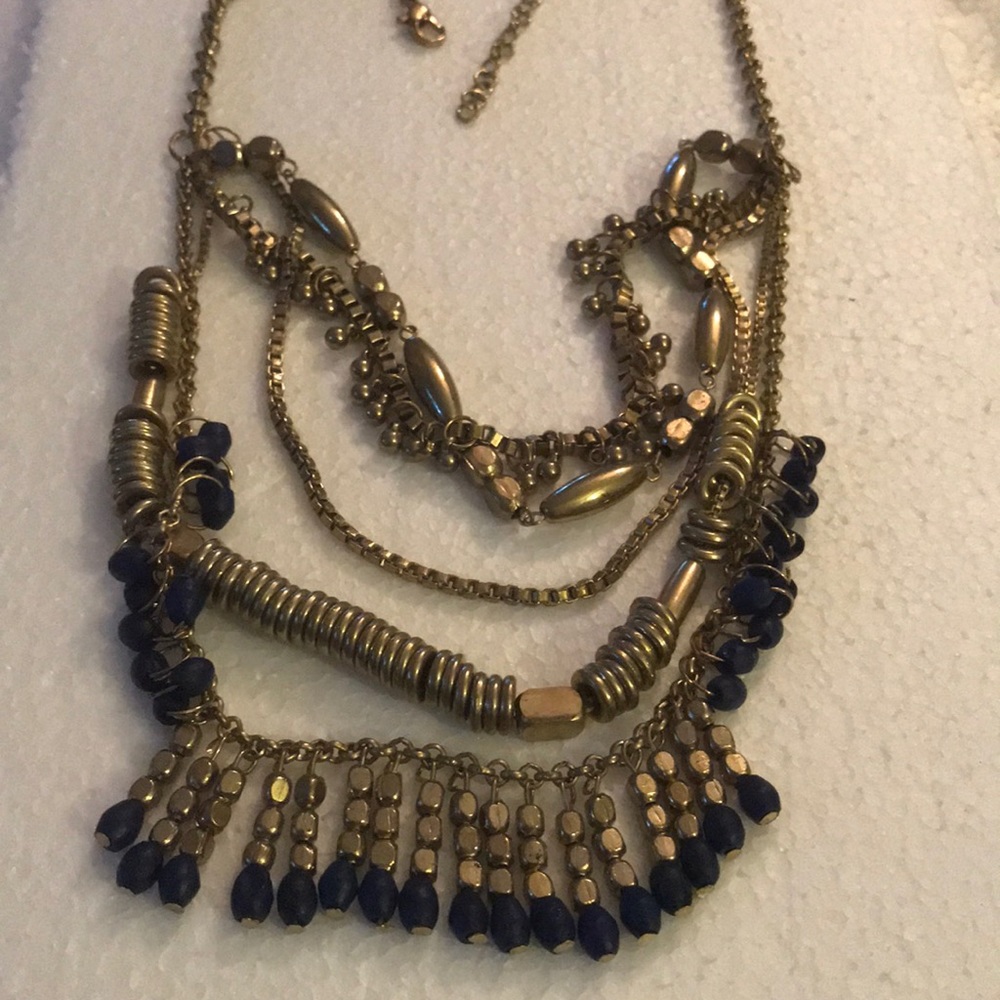 Vintage boho lapis brass 4 stand necklace